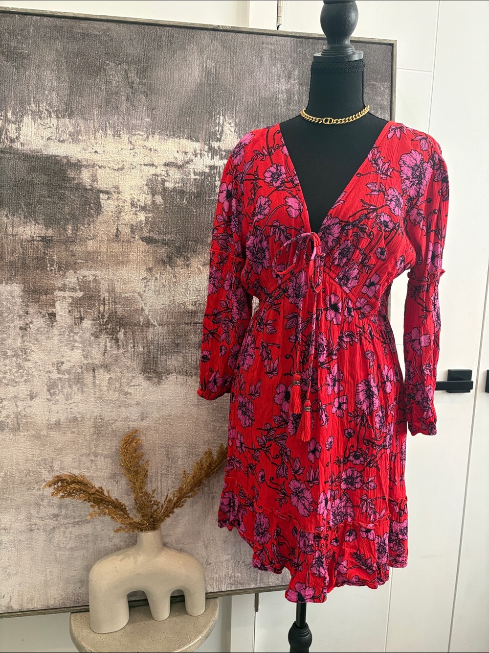 Band of Gypsies Red Floral V-Neck Tie-Front Mini Dress with Pink Accents
